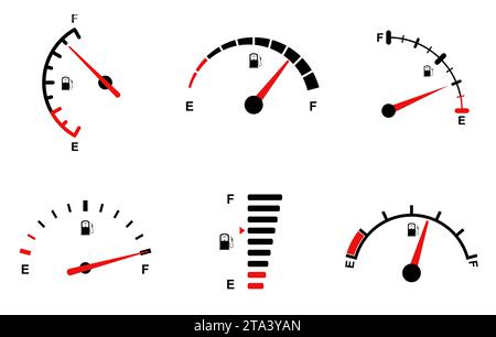 Indicatore carburante per il conteggio del livello di gas, benzina, benzina e diesel. Serie di icone delle scale dell'indicatore di livello del carburante. Indicatore per auto per la misurazione del consumo di carburante e del gas di controllo Illustrazione Vettoriale