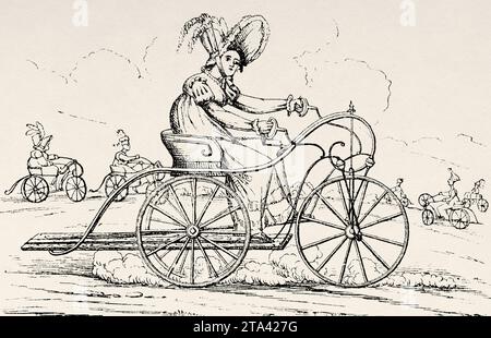 Bicicletta a tre ruote, l'hobby femminile, 1819. Vecchia illustrazione di la Nature 1887 Foto Stock