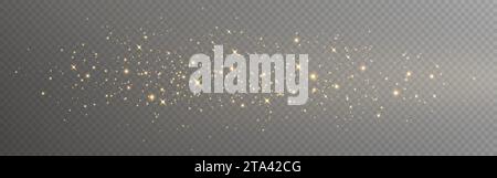 Oro glitter. Effetto polvere incandescente. Particelle dorate lucide. Stelle scintillanti di lusso. Luci di Natale. Un percorso brillante con stardust. Decorazioni festive magiche Illustrazione Vettoriale