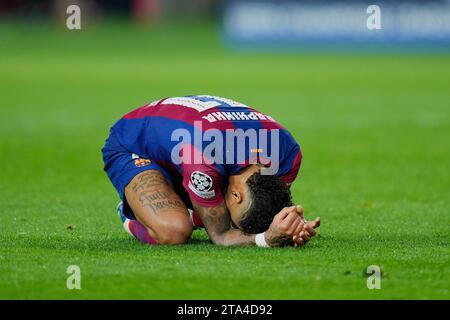 Barcellona, spagnolo. 28 novembre 2023. Raphina (FC Barcelona) reagisce durante la partita di Champions League tra FC Barcelona e Porto FC, allo stadio Estadi Lluis Companys di Barcellona, Spagna, martedì 28 novembre 2023. Foto: Siu Wu Credit: dpa/Alamy Live News Foto Stock