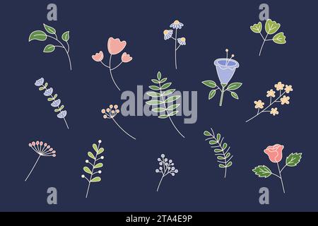 Set di elementi floreali. Illustrazione vettoriale. Graziosi fiori e piante disegnati a mano Illustrazione Vettoriale