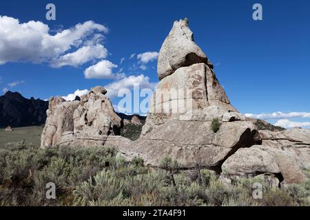 Una formazione di Almo Pluton nella City of Rocks National Reserve in Idaho. Una volta sede delle tribù Shoshone e Bannock, la città delle rocce era un luogo di sosta poi Foto Stock