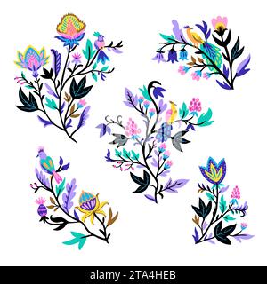 Elementi di design ornamentali con rami floreali decorati stilizzati e uccelli fantasiosi. Illustrazione vettoriale Illustrazione Vettoriale