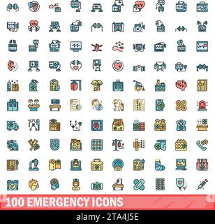 100 set di icone di emergenza. Set di linee colorate di icone vettoriali di emergenza linea sottile piatta su bianco Illustrazione Vettoriale