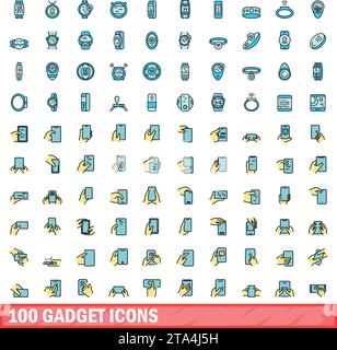 set di 100 icone dei gadget. Set di linee di colori delle icone vettoriali dei gadget colore della linea sottile piatto su bianco Illustrazione Vettoriale