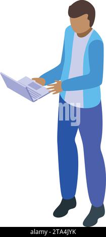 Icona specialista IT vettore isometrico. Programmazione di amministrazione del software. L'uomo sviluppa algoritmi Illustrazione Vettoriale