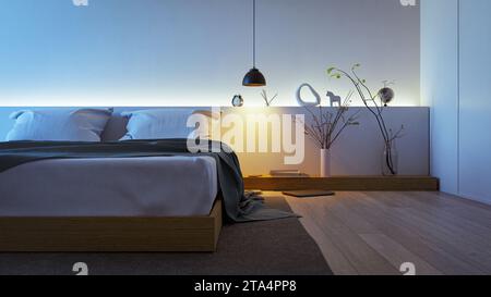 Camera da letto moderna e minimalista, sfondo interno, rendering 3d. Foto Stock
