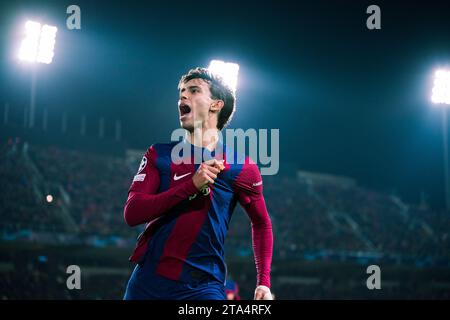 Barcellona, Spagna. 28 novembre 2023. Joao Felix di Barcellona celebra un gol durante la partita di UEFA Champions League Group H tra FC Barcelona e FC Porto a Barcellona, in Spagna, il 28 novembre 2023. Crediti: Joan Gosa/Xinhua/Alamy Live News Foto Stock
