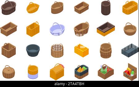 Le icone del cestino di vimini impostano il vettore isometrico. Biberon da picnic. Snack all'aperto Illustrazione Vettoriale
