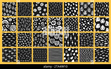 Ripetizioni senza giunzioni astratte impostate con schizzo del tratto del pennello. Forme di inchiostro grunge e oggetti scarabocchi una collezione infinita di grafica ornamenti. Decorazioni boho con texture sconfinate isolate vettoriali e sfondo artistico ripetuto Illustrazione Vettoriale