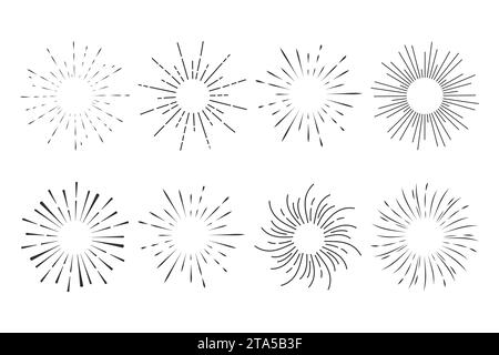 Imposta fuochi d'artificio, raggi, cornici a scoppio solare decorazione del bordo del cerchio, scintille in stile doodle, esplosione dello schizzo di linea isolata su sfondo bianco. Illustrazione vettoriale Illustrazione Vettoriale