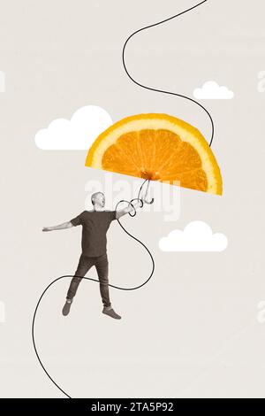 Il collage verticale di illustrazione artistica creativa di Funny Guy ha tempo libero a volare con un ombrellone di fette arancioni nel cielo isolato su sfondo grigio Foto Stock
