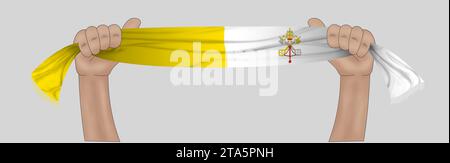 Illustrazione 3D. Mano che regge la bandiera della città del Vaticano sullo sfondo di un nastro di tessuto. Foto Stock