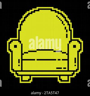 Icona silhouette pixel. Comoda poltrona per guardare la TV e rilassarsi a casa dopo il lavoro. Mobili. Semplice isolamento vettoriale nero e giallo Illustrazione Vettoriale