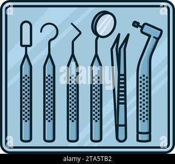 Varietà di strumenti odontoiatrici su vassoio in acciaio inox illustrazioni vettoriali isolate per la giornata del dentista del 6 marzo Illustrazione Vettoriale