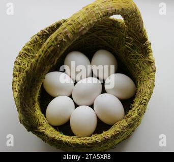 Cestino pasquale ecologico con uova di pollo pulite all'interno Foto Stock