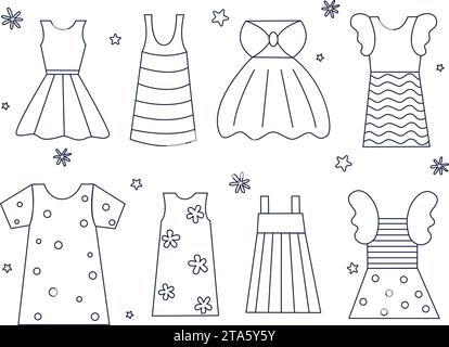 Abiti per bambina, set di sketch. Collezione di clip per abbigliamento donna art. Silhouette disegnata a mano di indumenti femminili. Indumenti per bambini con linea di inchiostro Illustrazione Vettoriale