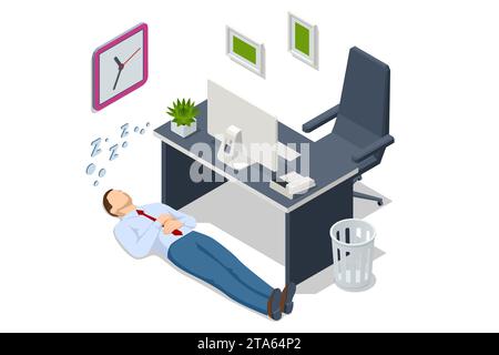 Isometrico stanco dipendente che dorme in ufficio. Nozione di stanchezza ed esaurimento. Uomo d'affari stanco che dorme sul pavimento Illustrazione Vettoriale
