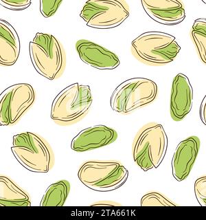 Motivo a pistacchi senza cuciture in stile line art. Illustrazione vettoriale disegnata a mano dei dadi di pistacchio nel guscio. Illustrazione Vettoriale