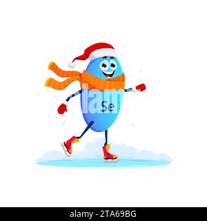 Cartoon Selenium minerale micronutriente sui pattini di ghiaccio per le vacanze natalizie invernali, carattere vettoriale. Divertente Selenium pillola minerale pattinare sulla pista di pattinaggio su ghiaccio a Babbo Natale cappello e sciarpa per una sana vacanza invernale Illustrazione Vettoriale