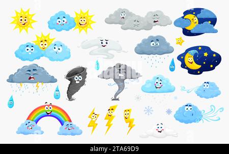 Personaggi meteorologici dei cartoni animati, nuvole e sole o pioggia, arcobaleno vettoriale e tempesta di vento. Personaggi meteorologici dei cartoni animati di neve e luna con viso, fulmini piovosi e divertenti tornado o emoticon a goccia di pioggia Illustrazione Vettoriale