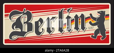Adesivo e targa di viaggio a Berlino, bandiera della capitale, dello stato e del comune con stemma Deutschland. Targhetta per bagagli in città in Germania, cartello con latta vettoriale con simbolo dell'orso di Berlino, bandiera della città Illustrazione Vettoriale