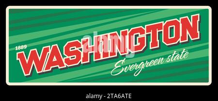 Insegna vintage dello stato di Washington Evergreen USA, targa da viaggio. Banner del turismo vettoriale su cartolina verde retrò. Striscione segnaletica stradale d'epoca, vecchia targa. La capitale dell'Olimpia, cartellone pubblicitario della città di Seattle Illustrazione Vettoriale