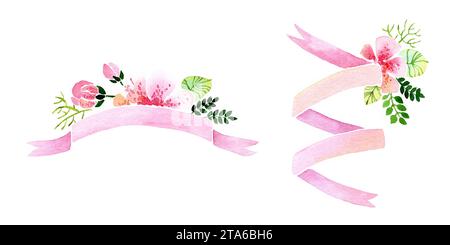 Striscione floreale ad acquerello con nastri rosa per testo. Bouquet con rose rosa e semplici foglie verdi. Modello di scheda di ringraziamento. Isolato disegnato a mano Foto Stock