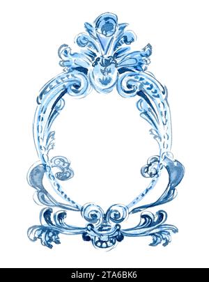 Cornice acquerello per immagine o testo. Ornamento bohémien blu ceruleo di forma ovale. Modello di scheda di ringraziamento. Illustrazione astratta isolata disegnata a mano Foto Stock