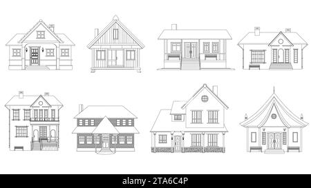 Serie di contorni neri di ville e case private isolate su sfondo bianco. Case a un piano e con diversi piani. Illustrazione Vettoriale
