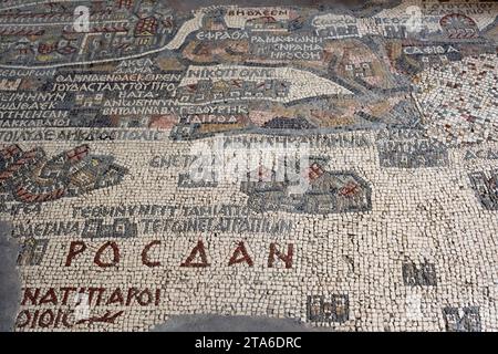 Mappa dei mosaici di Madaba nella chiesa di San Giorgio. Mappa della Terra Santa (vi secolo). Jordan Foto Stock
