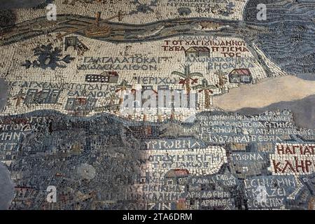 Mappa dei mosaici di Madaba nella chiesa di San Giorgio. Mappa della Terra Santa (vi secolo). Jordan Foto Stock