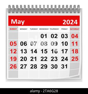 Calendario - maggio 2024 , immagine generata dal computer con rendering 3D. Isolato su bianco. Foto Stock