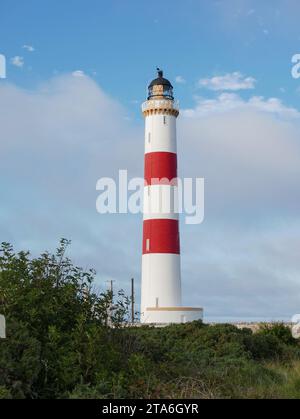 Il faro di Tarbat Ness è la lampada di navigazione più alta della Scozia e la terza più alta della Gran Bretagna, si trova vicino a Portmahomock. Foto Stock