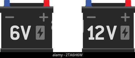 icona semplice batteria per auto da 6 v e 12 v con terminali rossi blu e simbolo di alimentazione fulmini isolato su sfondo bianco Illustrazione Vettoriale