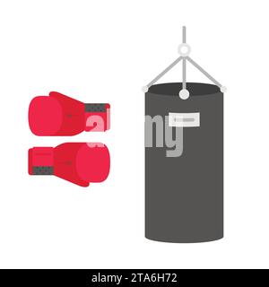 Guanti da boxe e sacchetto da punzonatura isolati su sfondo bianco. Illustrazione Vettoriale