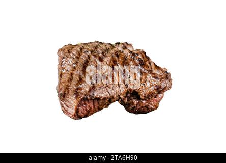 Bistecca di cervo con sale marino e insalata. Isolata, sfondo bianco Foto Stock