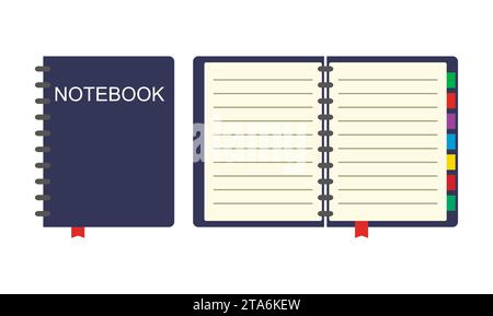 Icona notebook chiuso e aperto isolata su sfondo bianco, illustrazione vettoriale Illustrazione Vettoriale