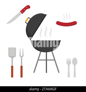 Icone del set per barbecue isolate su sfondo bianco. Cucina da campeggio picnic, illustrazione vettoriale barbecue, stile piatto. Illustrazione Vettoriale