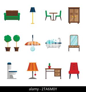 Set di icone per mobili per le camere di casa. Vettore di stile piatto Illustrazione Vettoriale