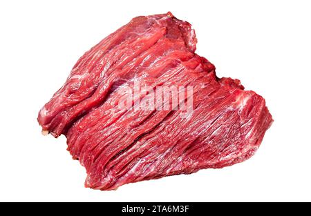 Tagliere di macelleria con crudo veleno cara bistecca di carne. Isolata, sfondo bianco Foto Stock