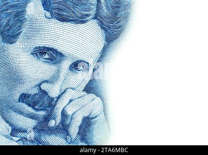 Nikola Tesla (1856 - 1943). Ritratto dalla banconota serba. Genio scienziato, inventore, ingegnere elettrico, ingegnere meccanico e futurista Foto Stock