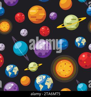 Modello senza cuciture con pianeti del sistema solare su sfondo nero. Vettore solare e planetario Illustrazione Vettoriale