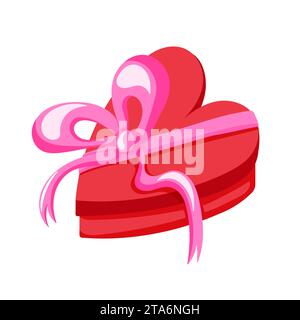 Confezione regalo rossa a forma di cuore in stile cartone animato. Presentare la scatola con l'arco rosa. Illustrazione vettoriale isolata su sfondo bianco. Illustrazione Vettoriale