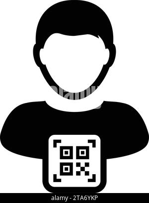 Avatar icona id digitale con codice qr per l'identità biometrica nel simbolo del profilo della persona utente maschile vettoriale per nell'illustrazione di un pittogramma glifo Illustrazione Vettoriale