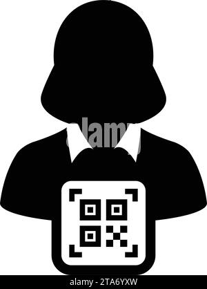 Avatar icona id digitale con codice qr per l'identità biometrica nel simbolo del profilo della persona utente maschile vettoriale per nell'illustrazione di un pittogramma glifo Illustrazione Vettoriale