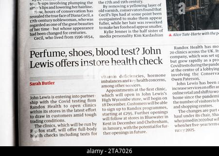 Profumo, scarpe, esami del sangue? John Lewis offre instore Health check' Guardian Newspaper headline Randox articolo 25 novembre 2023 Londra Inghilterra Regno Unito Foto Stock