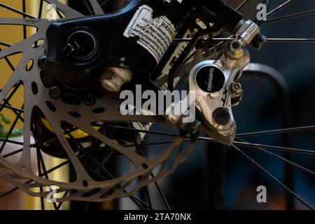 Il freno della Mountain bike Shimano viene frenato su sfondo sfocato Foto Stock