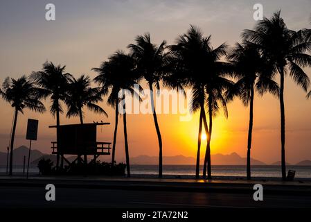 Palme e bagnino a Copacabana Beach all'alba Foto Stock