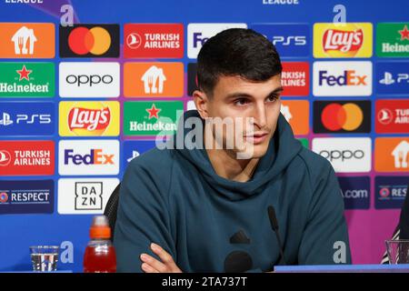 Muenchen, Deutschland. 28 novembre 2023. Mohamed Elyounoussi (FC Kopenhagen, n. 10), Internationale Pressekonferenz. FC Kopenhagen, Fussball, UEFA Champions League, Vorrunde, 5. Spieltag, Saison 23/24, 28.11.2023, FC Kobenhavn foto: Eibner-Pressefoto/Jenni Maul credito: dpa/Alamy Live News Foto Stock